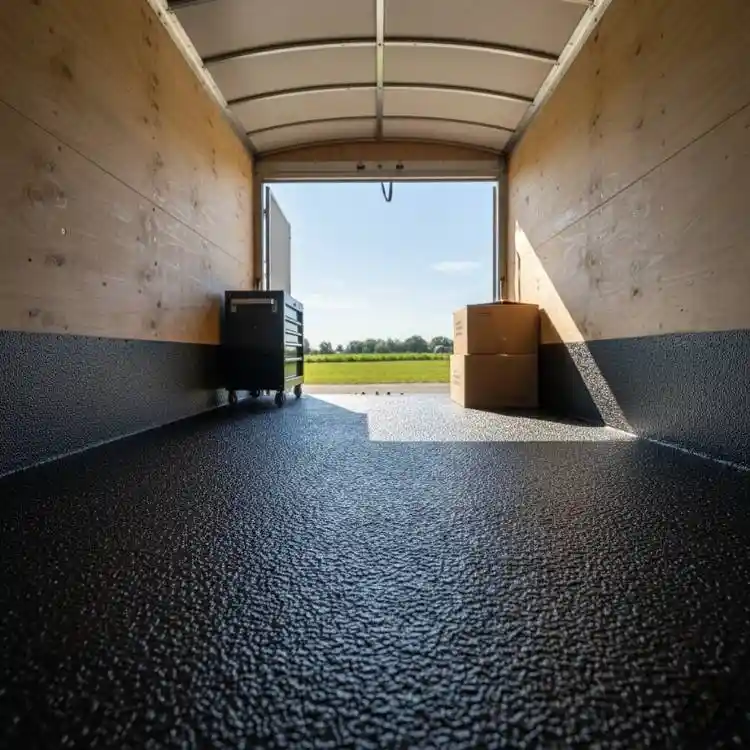 Interior floor of an enclosed cargo trailer coated with Flak Jacket PRO for durable protection