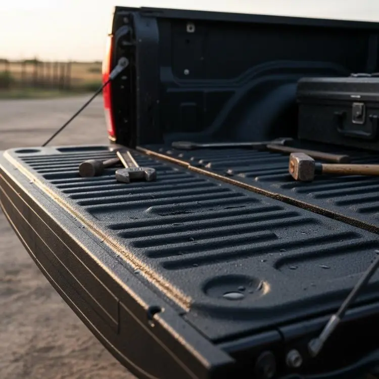 Close-up of a durable truck bedliner with tools on it, showcasing textured finish and strength